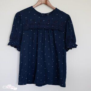 Navy Blue Embroidered Babydoll Top